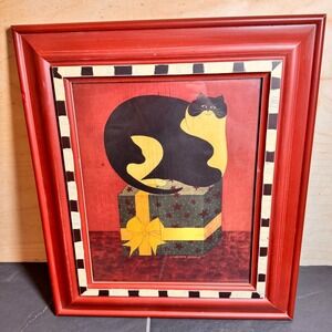 Warren Kimble Cat on Gift Box Folk Art Custom Hand Painted Frame Print Red Black